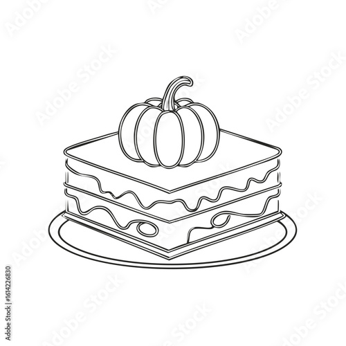 Line Art Pumpkin Cake on a Plate Square Dessert Vector Icon Drawing, Isolated Illustration for Menu or Thanksgiving Design