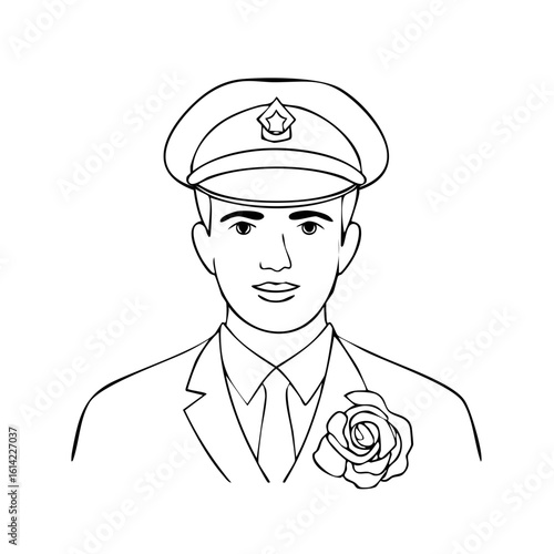 Man in Uniform with Rose Lapel Pin and Cap