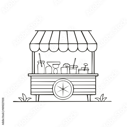 Simple outline illustration of an outdoor food cart or vendor stand with awning and refreshments