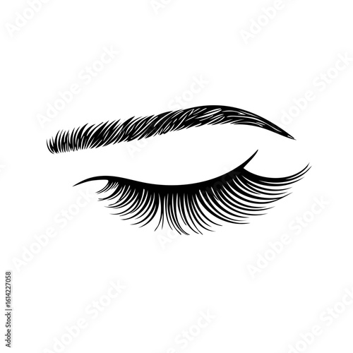 Elegant Closed Eye with Long Lashes and Defined Brow in Black and White Vector Design