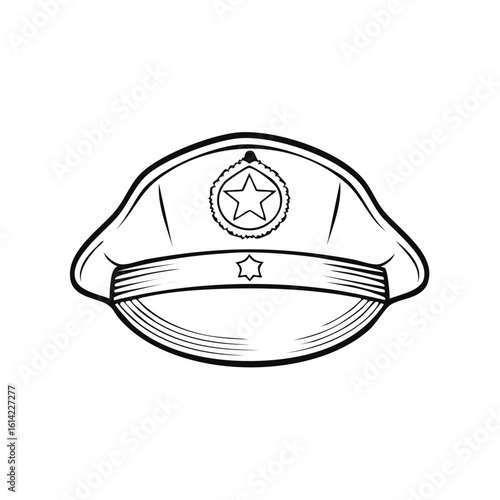 Police officer hat, black and white illustration, simple flat design