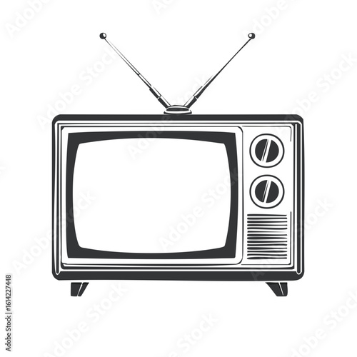 Vintage television set with antenna and knobs in black and white illustration