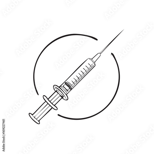 Medical syringe with needle line art icon inside a circular arrow for vaccination and immunization concepts