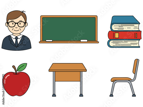 School classroom elements featuring teacher books desk chair and apple