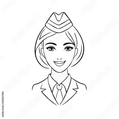 A smiling female airline professional portrait illustration wearing a uniform hat and jacket