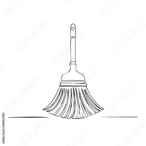Simple line art drawing of a feather duster sweeping a surface. Minimalist household cleaning tool illustration.