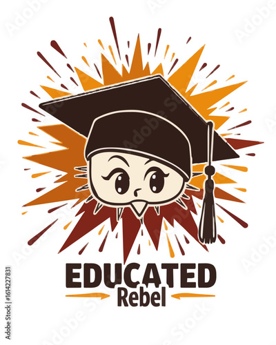 Cartoon character wearing graduation cap with rebel attitude