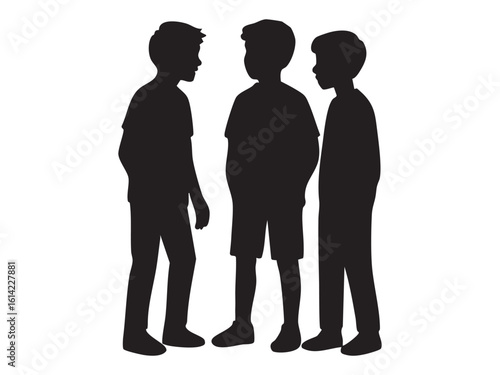 Black silhouette of three boys talking and standing together, isolated on white background, graphic illustration. concept of friendship, childhood, social interaction, conversation.