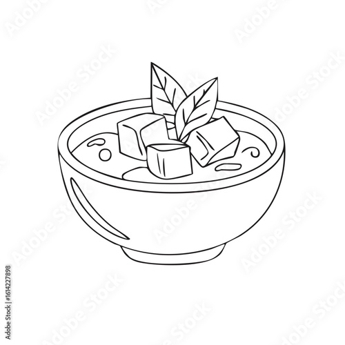 Hand drawn outline of a bowl of curry or soup with tofu cubes and fresh basil garnish for a healthy meal