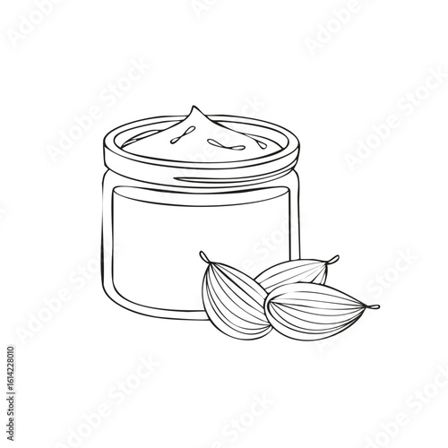 Natural Cream in Glass Jar and Almond Seed Outline Illustration for Graphic Design