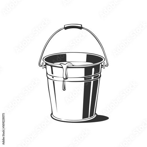 Metal Bucket with Paint Drips Monochrome Vector Illustration