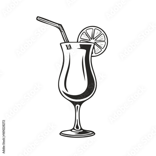Vintage Tropical Cocktail Glass with Citrus Garnish and Straw Classic Black and White