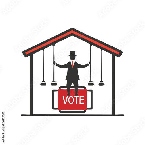 Stylized illustration of a man in a hat on a voting house platform, election illustration
