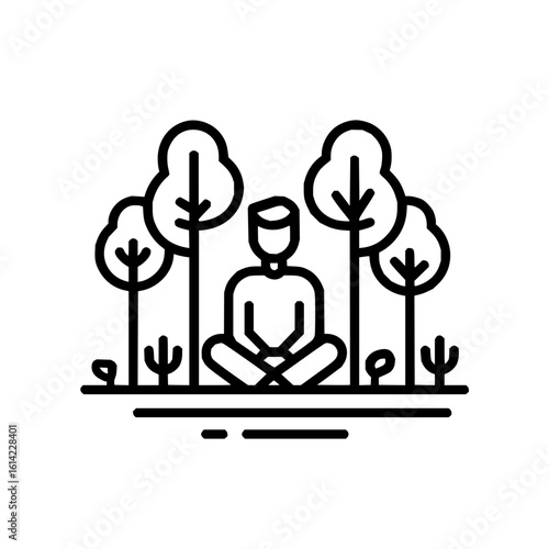 Person meditating in lotus position surrounded by trees in a serene outdoor environment line art