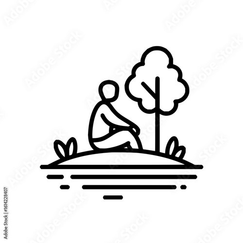 Illustration of a person sitting on a hill near a tree with grass and water in a minimalist style