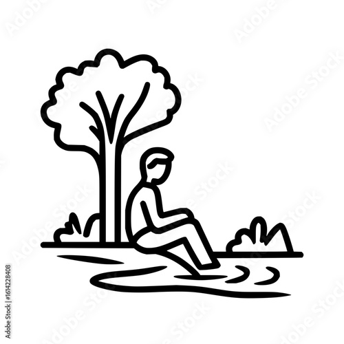 Person sitting under a tree near water with grass and bushes in a simple black and white line drawing