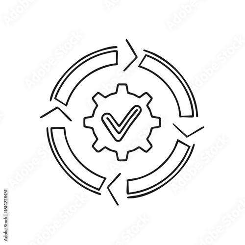 Continuous improvement workflow icon with gear and checkmark in a circular process