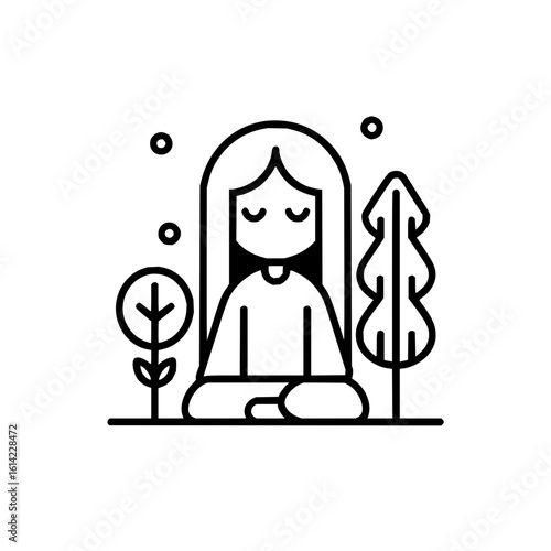 Woman meditating in nature with trees and circles in black and white minimal line art illustration style