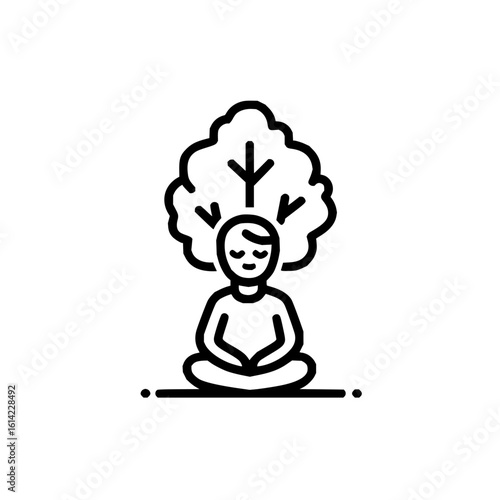 Person meditating under a tree in lotus position with hands resting on knees in a simple line art style