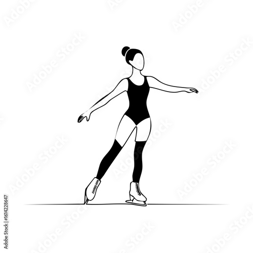 Female ice skater in black leotard gracefully balances on one leg in a simple line art illustration