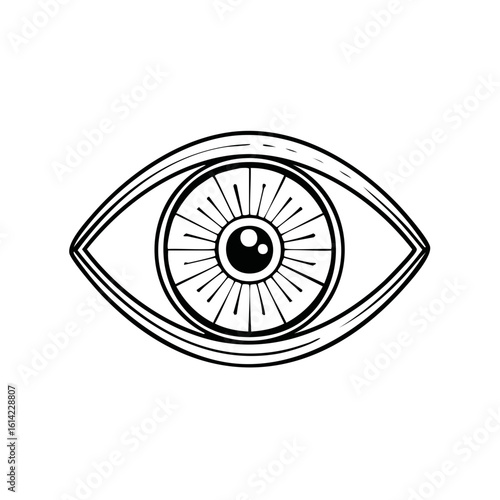 Stylized all-seeing eye with sunburst iris, black and white line art illustration.