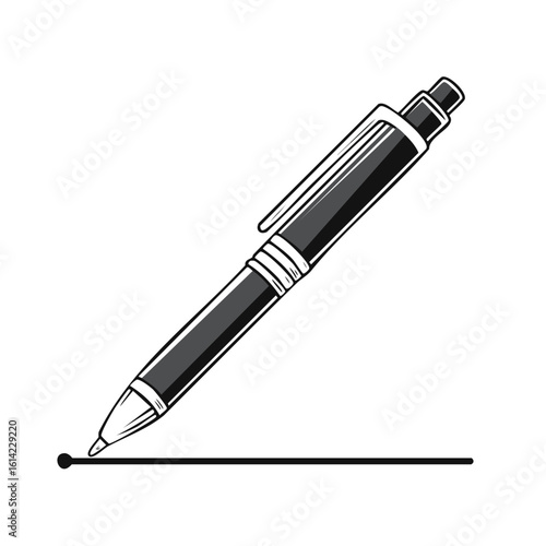 Black ballpoint pen drawing a line and a dot