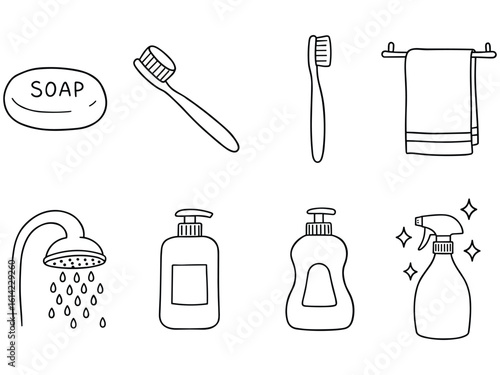 Hand drawn sketch of essential bathroom hygiene and cleaning items