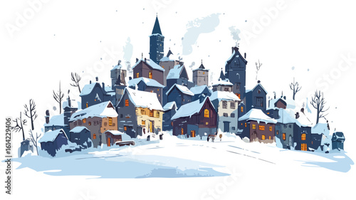 Festive Winter Town Building Border Illustration