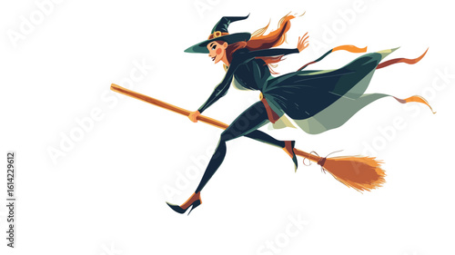 Witch Flying on Broomstick Cartoon Illustration