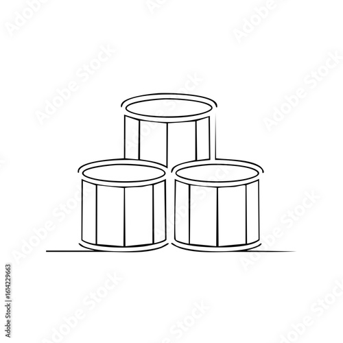 Continuous line drawing of three cylindrical drums stacked in a pyramid formation