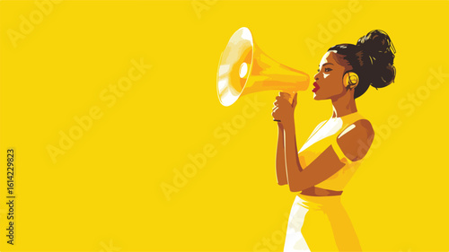 Fashionable Woman with Megaphone on Colorful Background
