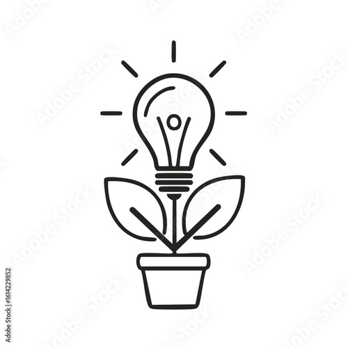 Light bulb with growing leaves in pot symbolizing innovation and new ideas