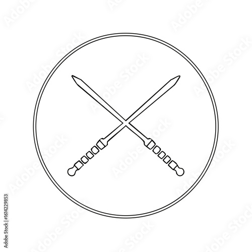 Black and White Outline of Cross Swords Shield Icon, Swords Emblem, Swords Crossed Design, Heraldry, Swordplay Symbol, Sport Sign, Battle Sign