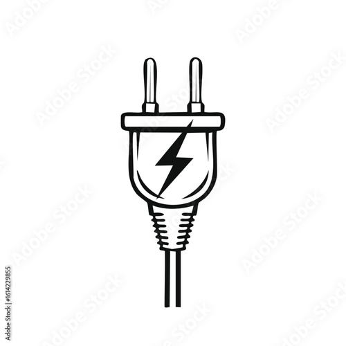 Black and white vector illustration of an electric plug with a lightning bolt symbol