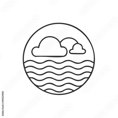 Minimalist seascape line art icon with ocean waves and clouds in a circle frame