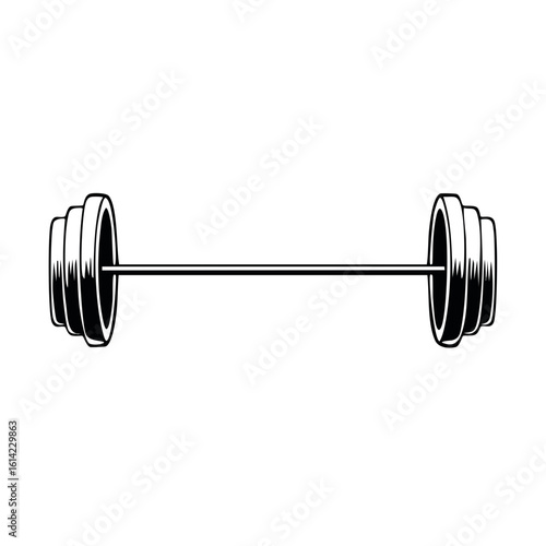 Isolated vintage barbell illustration in black and white for fitness concept, strength training, and athletic lifestyle
