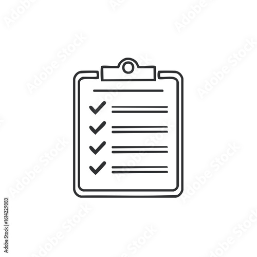 Clipboard checklist line art icon for completed tasks and survey.