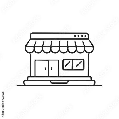 Simple linear icon of a storefront or shop building with awning and windows