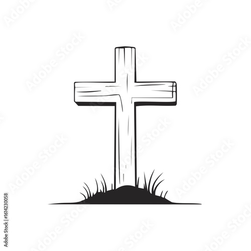 Simple cross icon in the style of a wooden cross with grass, black and white illustration