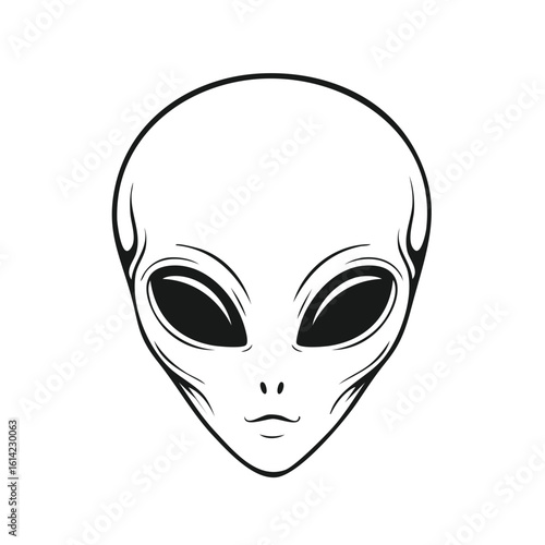 Classic Grey Alien Head Graphic Black and White Illustration