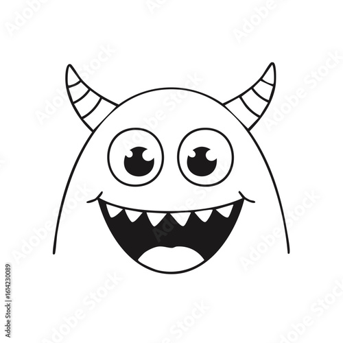 Cute cartoon monster face with horns smiling happily line art