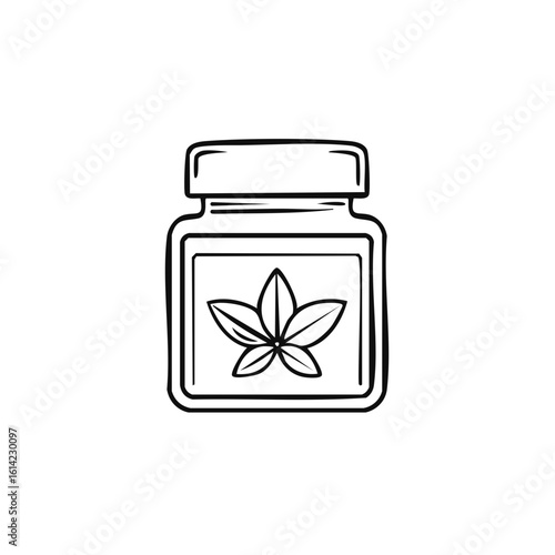 Glass Jar with Marijuana Leaf Symbol Sketch Style Cannabis Product Outline