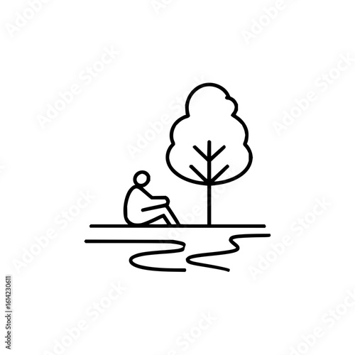 A simple line drawing depicting a person sitting under a tree near a body of water in black and white