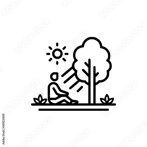 Person sitting under a tree with sun rays shining through the leaves in a peaceful outdoor scene view