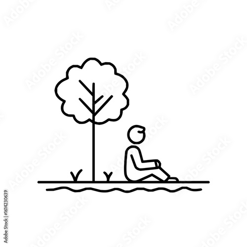Person sitting near a tree on a wavy ground line in a minimalist black and white line drawing style art