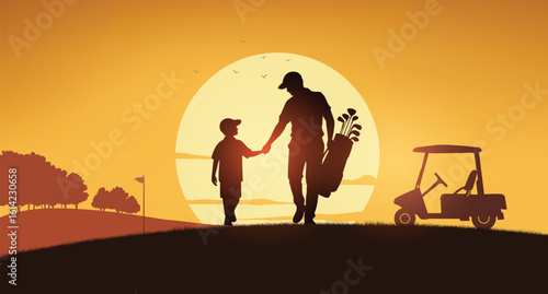 Father and Son Walking After Golf in Sunset Silhouette