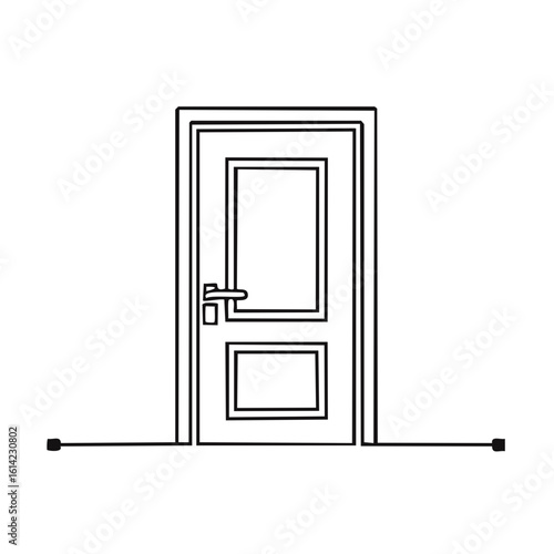 Simple Outline Interior Door with Handle on White Background