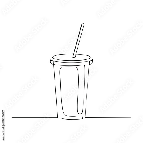 Minimalist continuous line art drawing of a disposable beverage cup with a straw for refreshing drinks