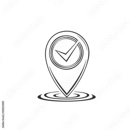 Location marker with checkmark symbol and concentric circles vector graphic