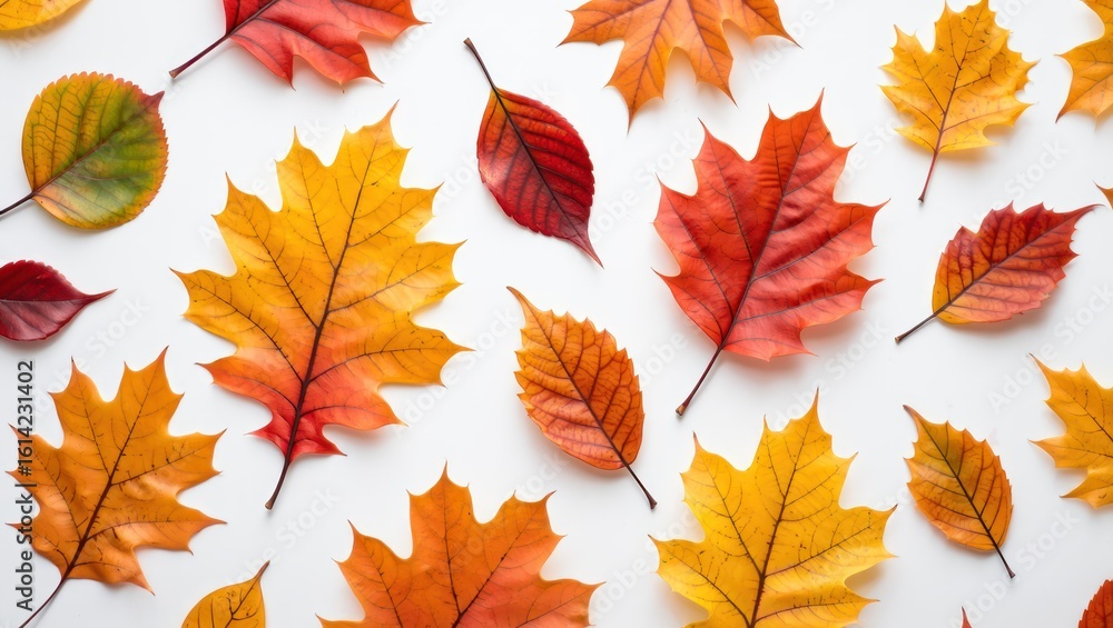 Fototapeta premium Vibrant autumn leaves scattered on a clean white background